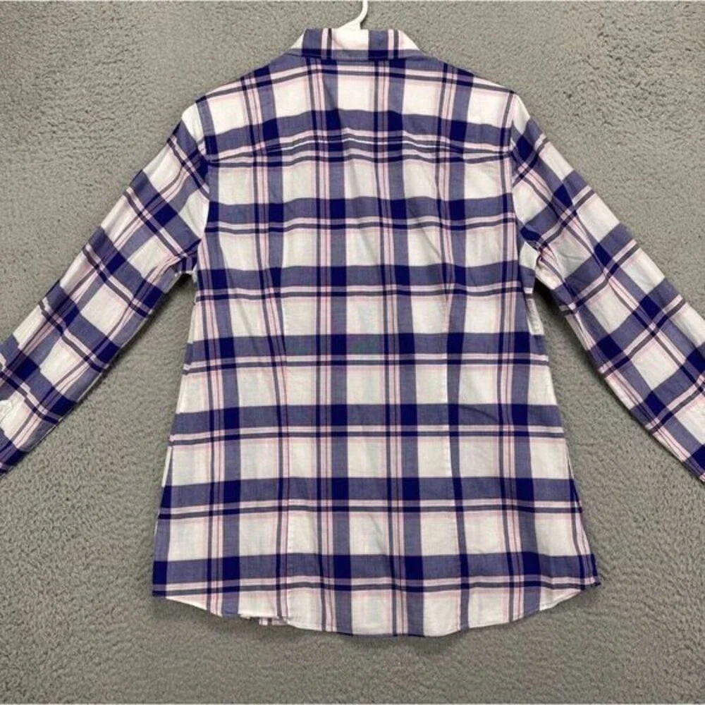 J Crew Button Up Shirt Womens Medium Purple Plaid Long Sleeve Pockets Ladies
